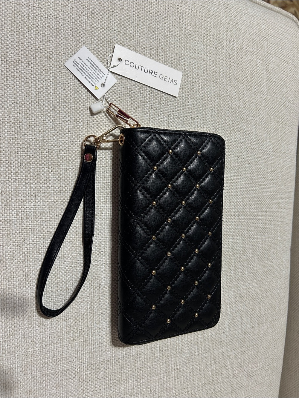 NWT Couture Gems Quilted Black Wristlet Wallet/Phone Case